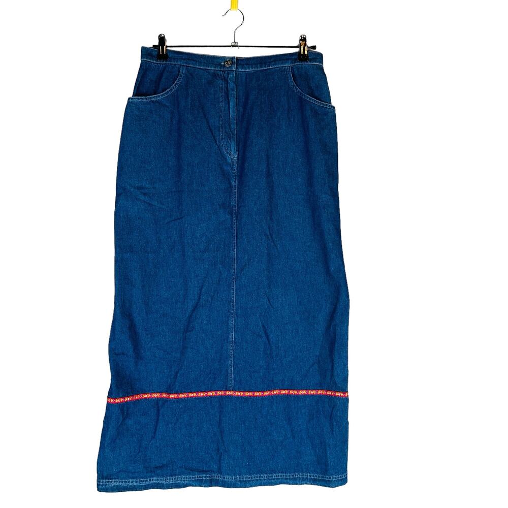 Vintage River Ridge Womans‎ Sz 14 Skirt Blue Denim Country Pockets Floral